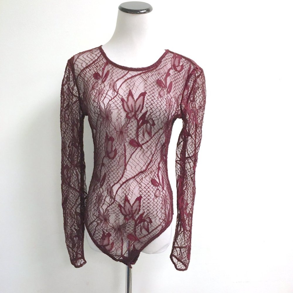 House of CB London burgundy wine sheer lace bodysuit M Zeniya